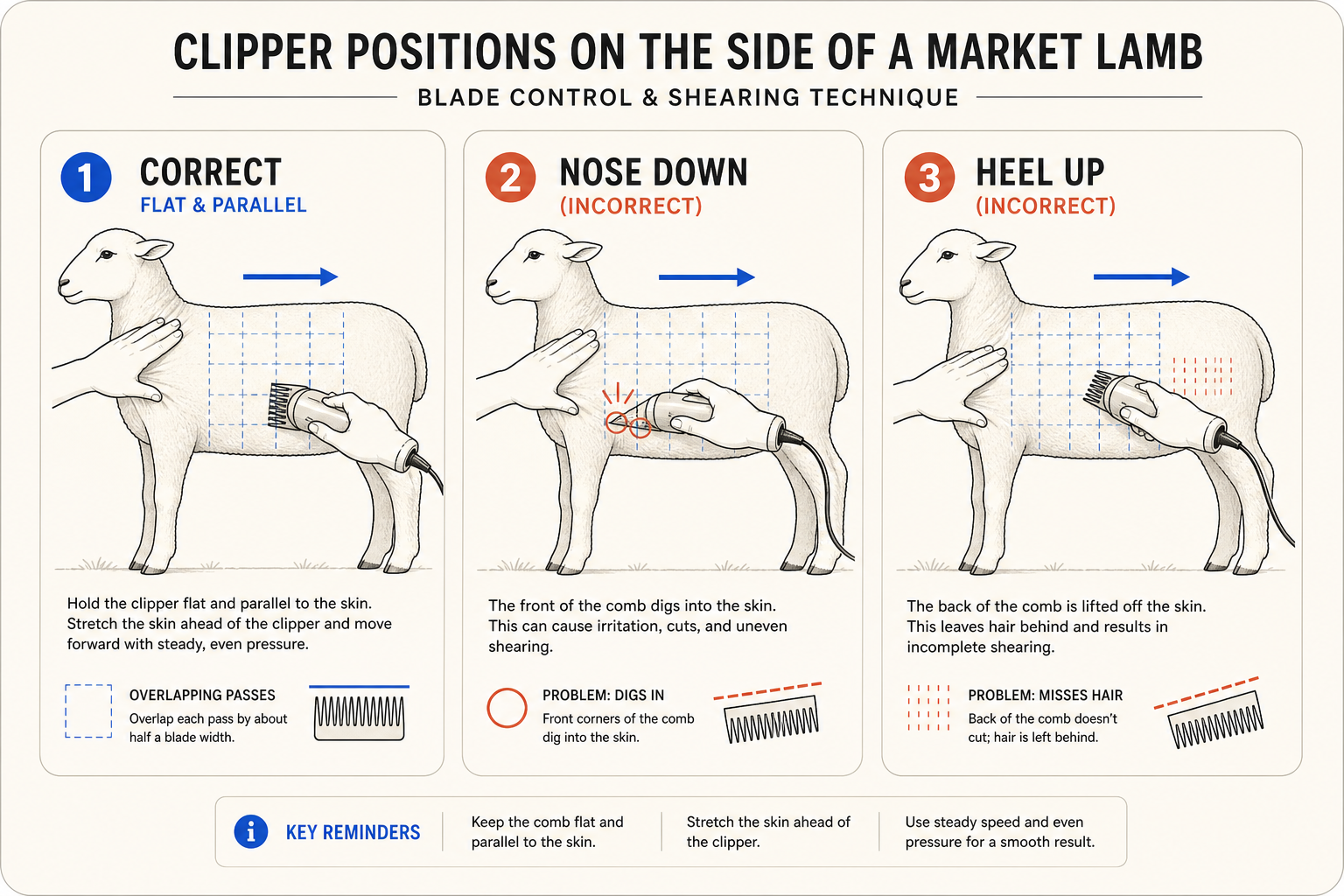 Three clipper positions showing how comb angle affects contact with a lamb’s skin.