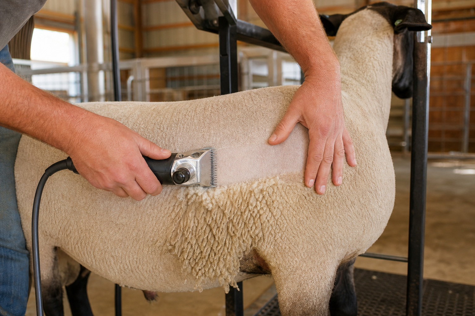 Shearing handpiece held with the comb level against a lamb’s taut skin.