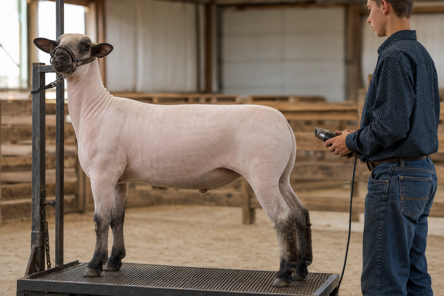 Freshly slick-shorn lamb standing square for inspection of the finished surface.