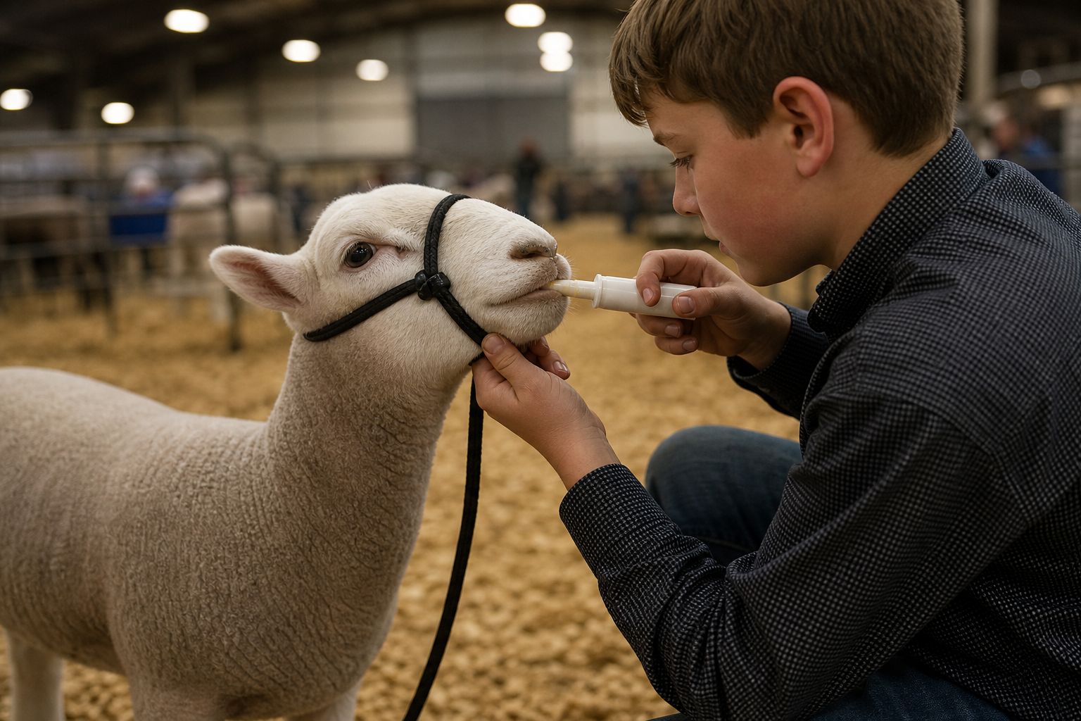 A close-up, editorial documentary photograph of a young exhibitor, aged 10-14, gently administering a calming paste from a marked white tube to a calm, white…