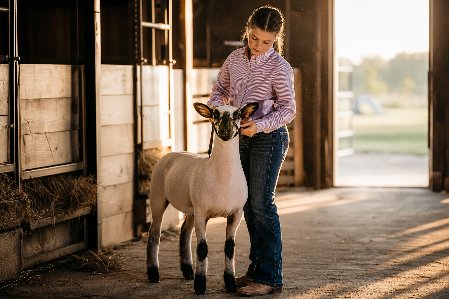 A young exhibitor, approximately 10-14 years old, focused intently on practicing showmanship with a haltered crossbred market lamb. The scene is set in a hom…