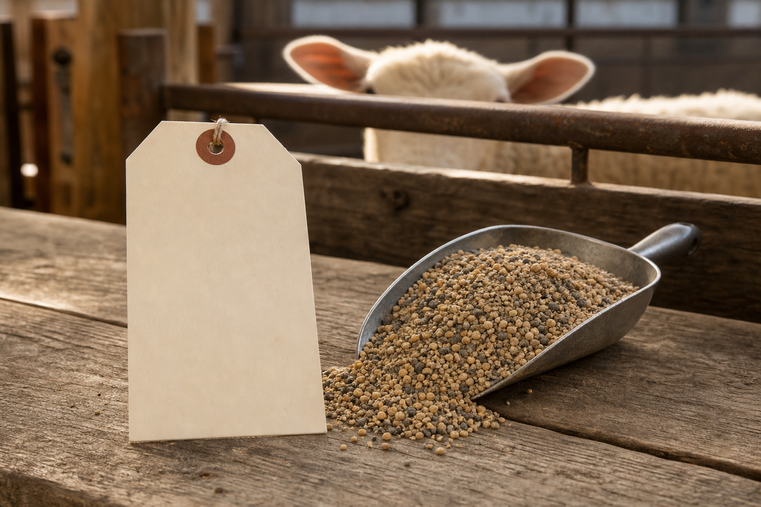 A close-up, natural light, shallow depth of field, editorial documentary photograph for a US stock-show publication of a sheep-specific loose mineral feed ta…