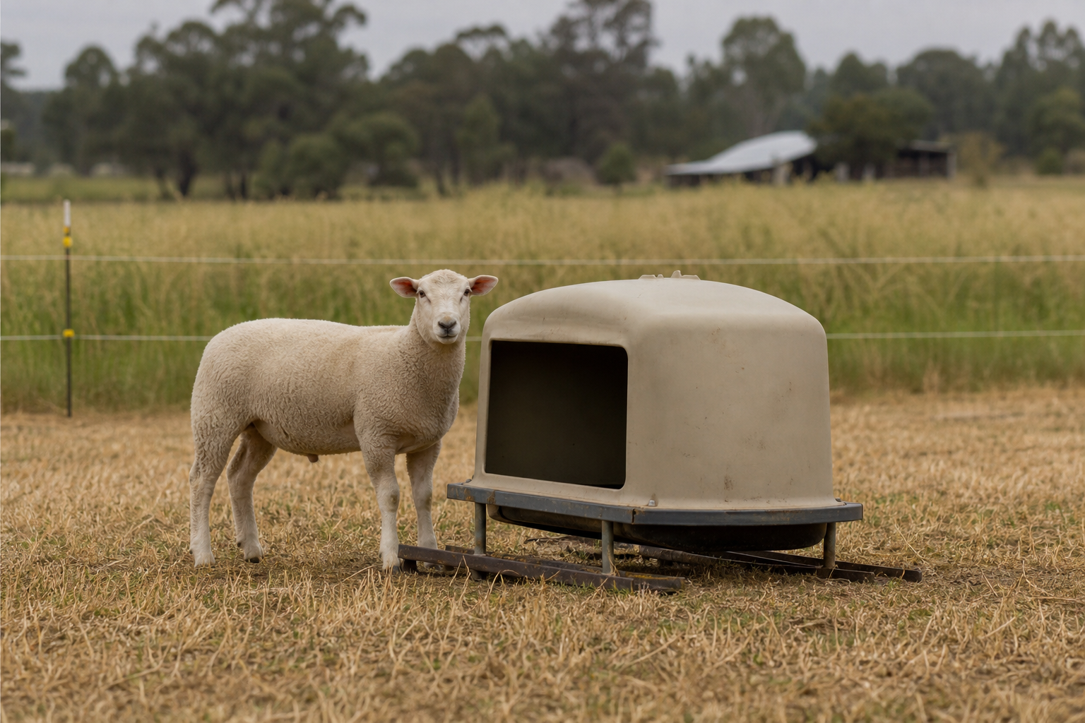 A crossbred market lamb with correct, realistic proportions stands attentively at a small, covered loose mineral feeder on skids, positioned in a freshly rot…