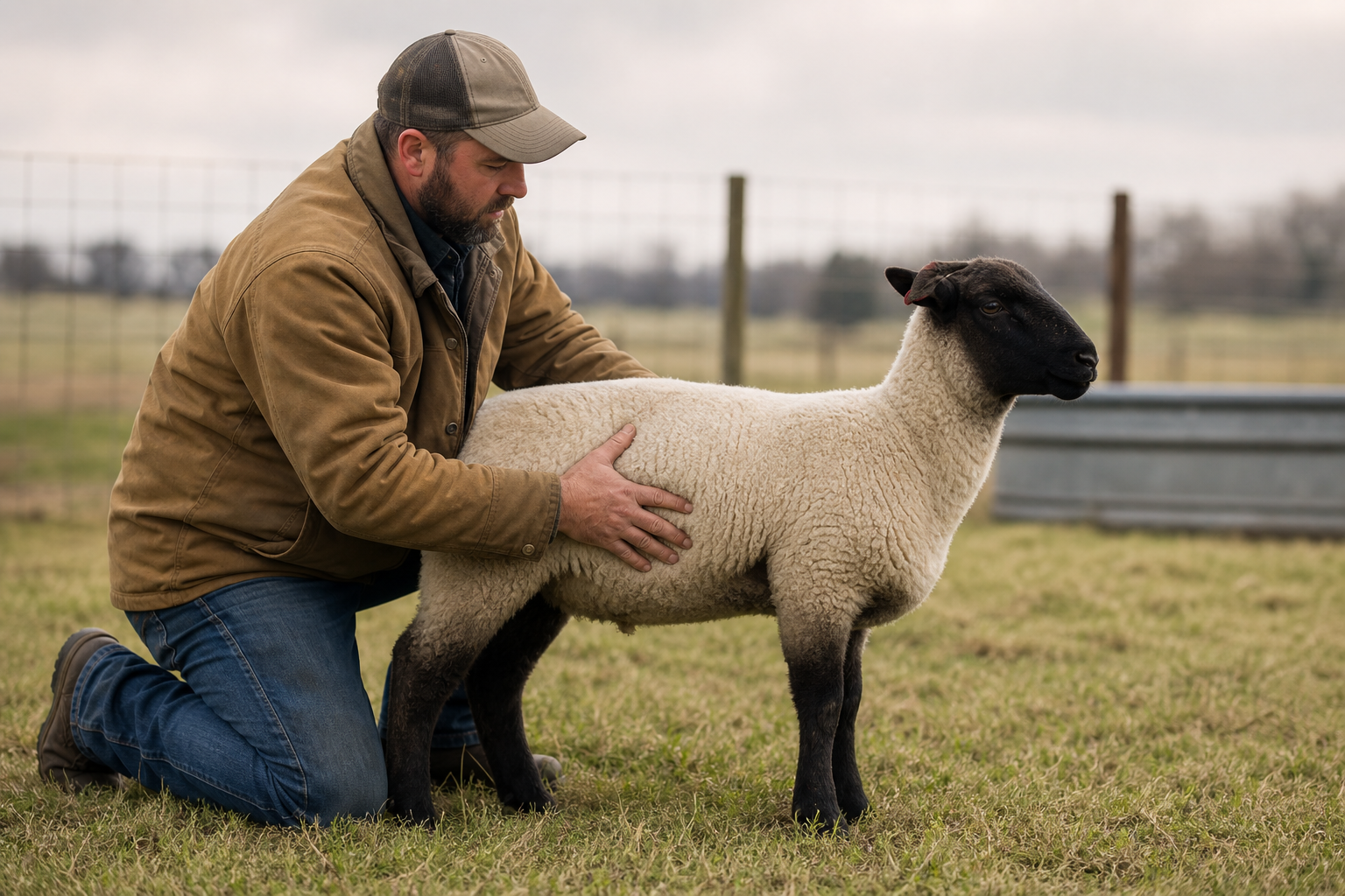 An editorial documentary photograph for a US stock-show publication, a shepherd in a barn coat kneels in a grassy paddock, gently pressing a hand against the…