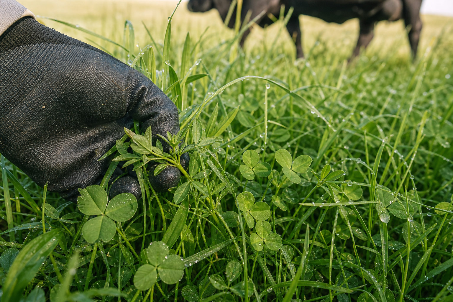A close-up, eye-level editorial documentary photograph of a gloved hand gently parting lush, dewy spring pasture to reveal the intricate species mix within,…