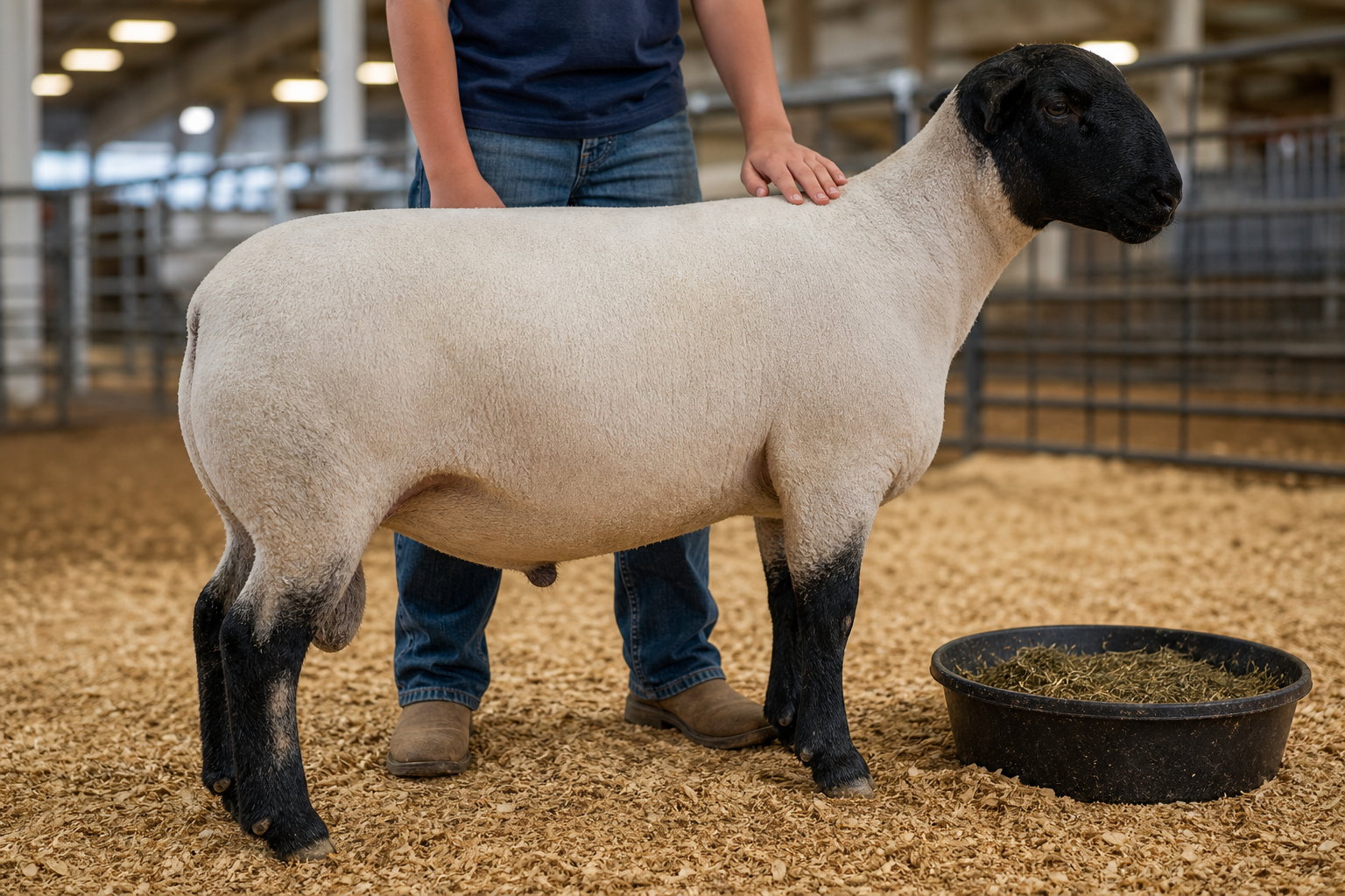 Editorial documentary livestock photography for a US stock-show publication. A crossbred market wether, in profile, standing on cedar shavings in a quiet sho…