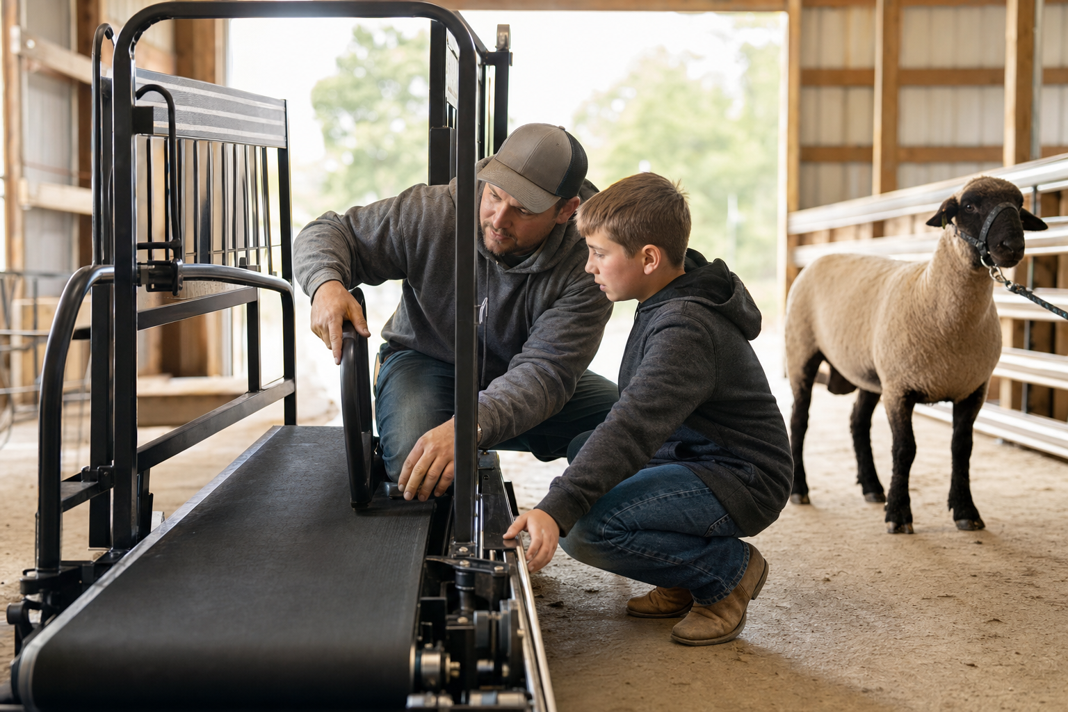 A documentary photograph of a parent and young show-lamb exhibitor, hands inspecting the belt tension, side rails, incline, and entry footing of a livestock…
