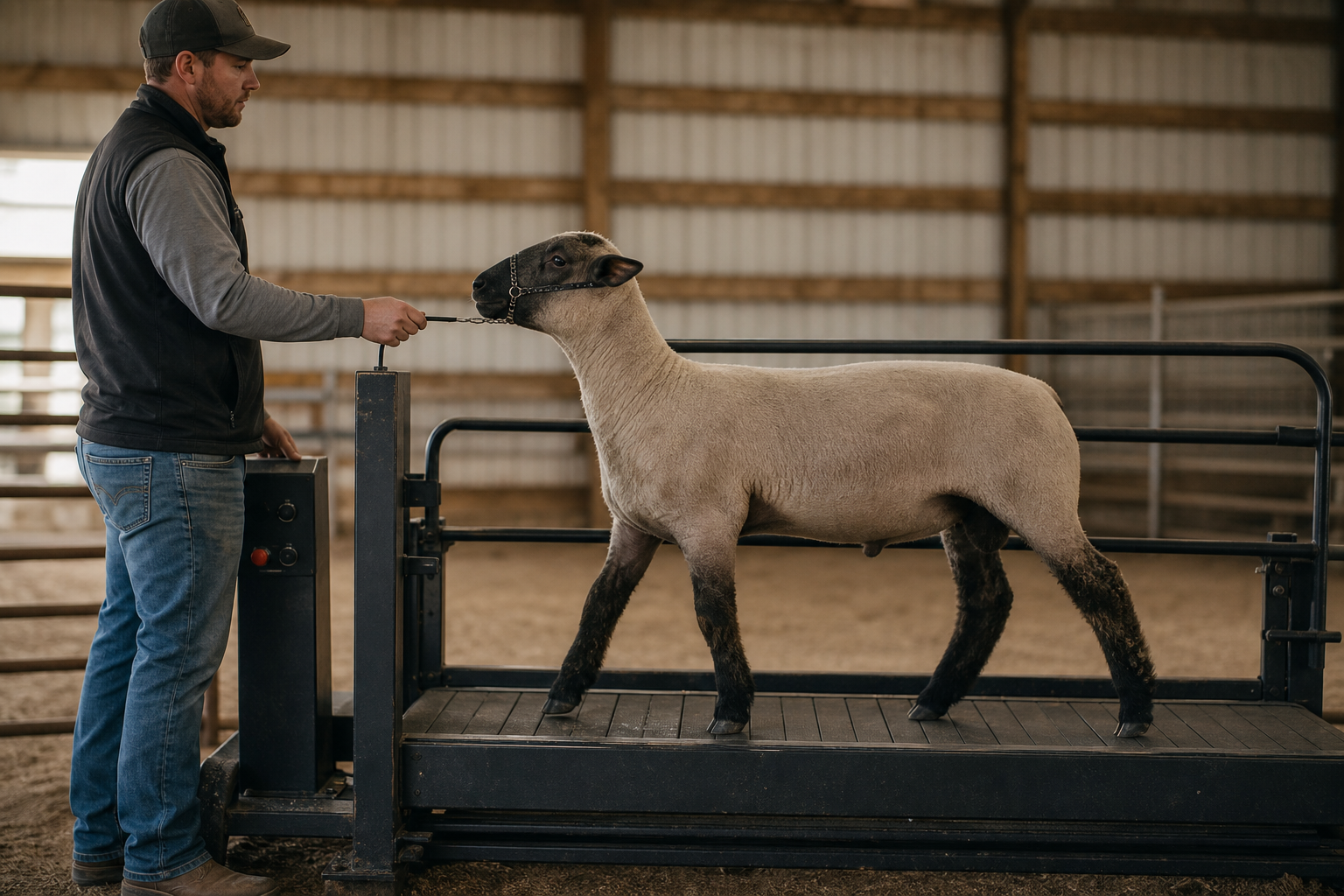 A side-profile comparison scene in an authentic show barn, captured with editorial documentary livestock photography style and natural available light. A cro…